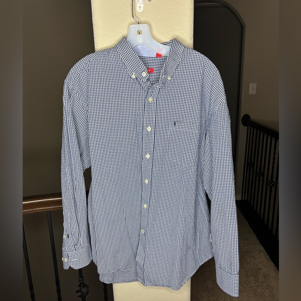 Izod Blue Checkered Shirt 100% Cotton Size XL Formal Professional Classic